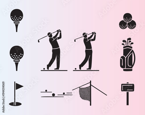 Golfthemed vector icons showing equipment and players in action