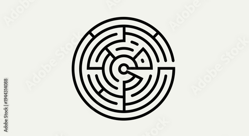 Black circular maze design symbol.