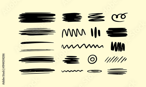 Various black brush stroke shapes and lines arranged in a neat row a collection of graphic elements
