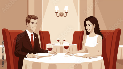 Elegant Romantic Dinner Date Vector Illustration Featuring a Sophisticated Couple Enjoying a Refined Meal at an Upscale Restaurant for Advertising and Editorial Use