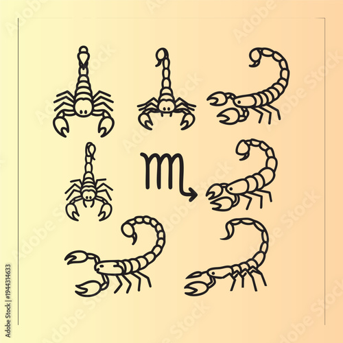 Scorpio zodiac signs with scorpion illustrations in various styles
