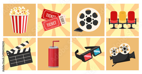 A set of movie theater icons featuring popcorn, tickets, 3D glasses, film reel, soda, projector, red seats, and a clapperboard. Movie theater time. Flat style vector images.