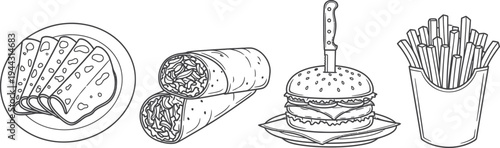 Delicious hand drawn easter eggs and a spoon isolated on white with sweet chocolate cake, fresh bakery bread, and pastry snacks for a brown themed breakfast meal