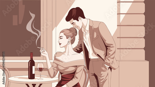 Elegant vector illustration of a romantic couple enjoying an evening out at an outdoor cafe with wine and a cigarette, a classic social scene