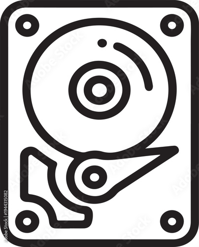 Hard Disk Drive Outline Icon Data Storage, Simple black line hard disk drive illustration showing internal platter and arm, representing computer storage, hardware technology, and digital data systems