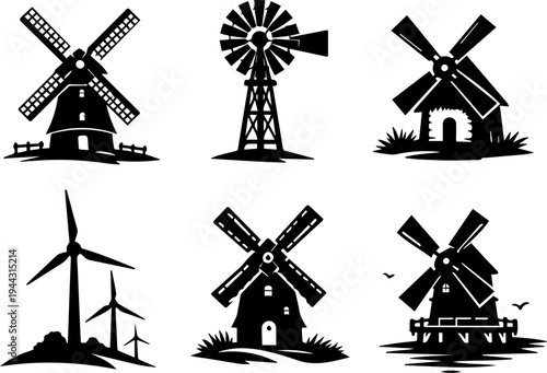 Windmill wind energy turbine silhouette icons