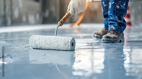 Worker applies grey protective coating with roller on a concrete floor in a construction site