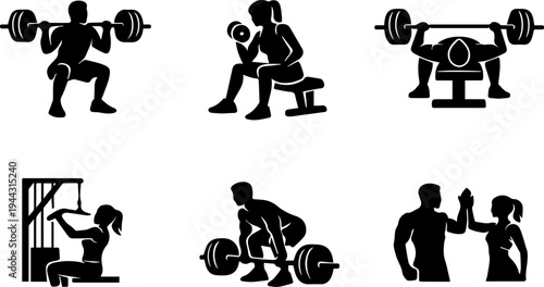 Gym fitness workout training silhouette icons