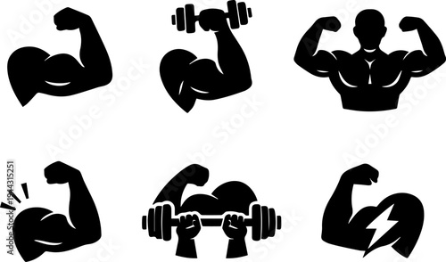 Fitness muscle strength workout silhouette icons