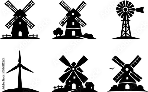 Windmill wind energy turbine silhouette icons. Vector