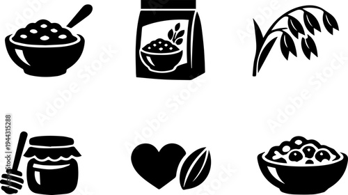 Oatmeal grain healthy breakfast silhouette icons. Vector