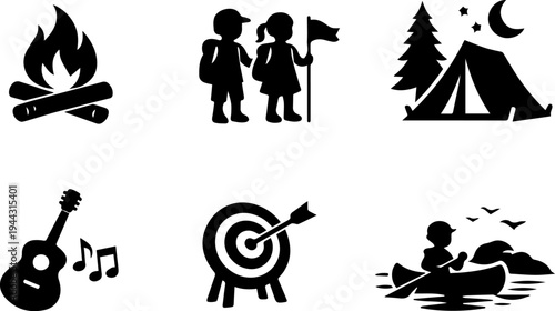 Camping outdoor adventure activity silhouette icons
