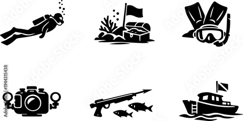 Scuba diving underwater adventure silhouette icons