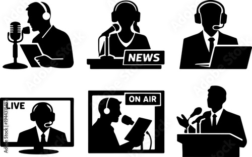 News broadcasting media reporter silhouette icons. Vector