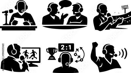 Sports commentary broadcasting announcer silhouette icons