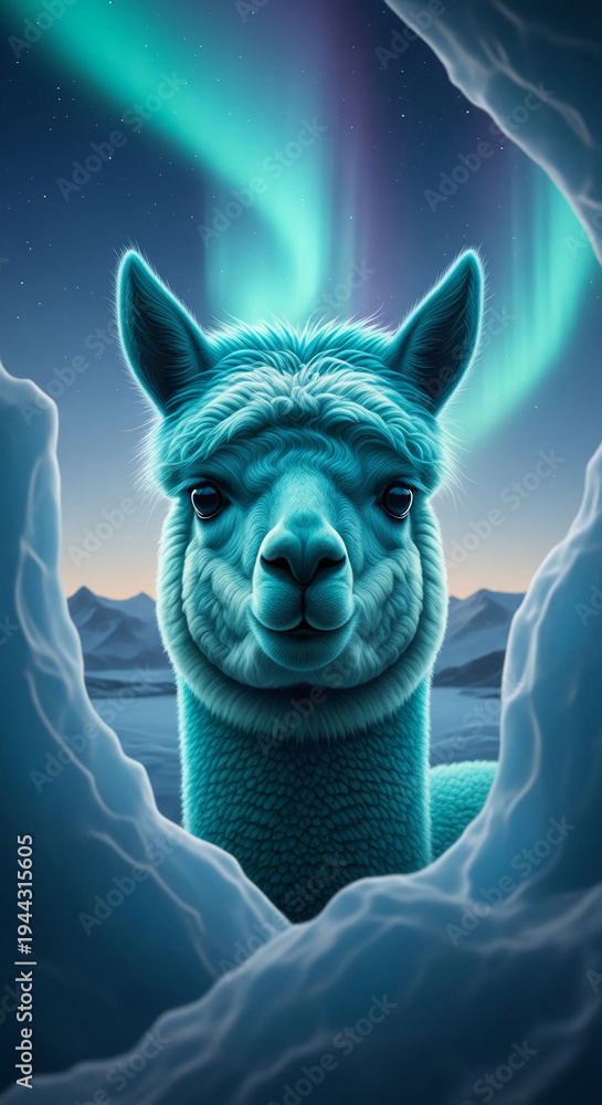 Obraz premium Close-up of a blue alpaca framed by ice, under aurora. It represents animal, nature and Northern lights, suitable for travel or adventure themes