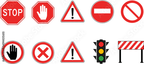 Traffic road warning stop signs, prohibition symbols, traffic light, barrier icons, safety regulation vector illustration isolated set collection design graphic