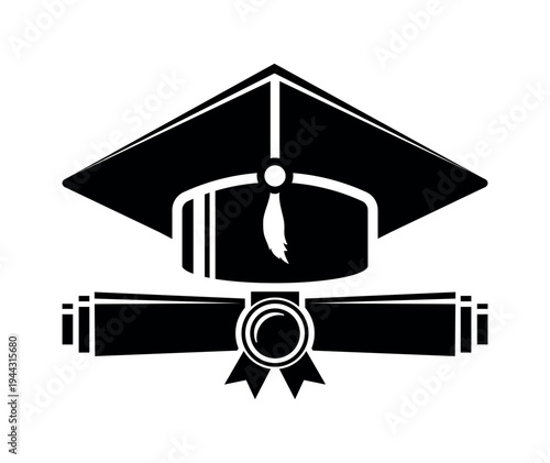 Graduation cap and diploma scroll icon. Vector on transparent background