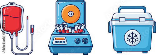 medical blood donation equipment icons, transfusion bag centrifuge cooler vector illustration, healthcare laboratory symbol, isolated set bundle