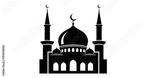 Mosque silhouette with minarets and dome.