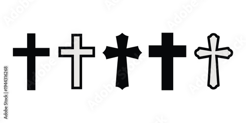 Five different cross symbols in black and white crosses vector illustration isolated on white background.