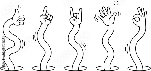 hand gestures thumbs up pointing rock sign waving palm ok sign doodle style vector outline icon set simple cartoon hands isolated on transparent background