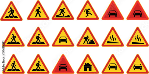 Warning traffic signs vector set, road hazard symbols, pedestrian, car, construction, caution illustration isolated white background collection