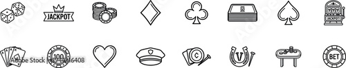 casino gambling icons poker chips dice playing cards slot machine jackpot symbols vector outline icon set with bet chip deck and casino elements isolated on transparent background