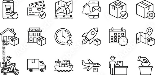 delivery and shipping logistics icons package courier tracking order payment mobile notification truck airplane ship and ecommerce services vector outline icon set isolated on transparent background
