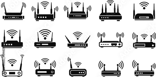 WiFi router icon set wireless internet modem network connection technology signal antenna vector illustration isolated communication equipment collection