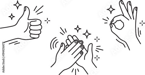 hand gesture icons thumbs up clapping hands and ok sign approval and applause symbols vector outline icon set isolated on transparent background