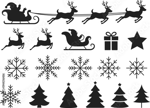 Christmas silhouette set Santa sleigh reindeer, flat vector illustration, cad drawing, snowflakes winter holiday icons, pine trees gift box star.
