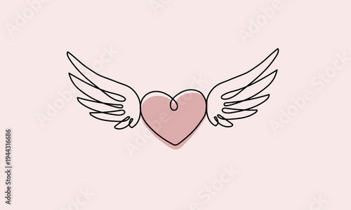 Minimalist continuous line art of a heart with wings, elegant winged heart illustration on pastel pink background, concept of love and freedom. Vector illustration