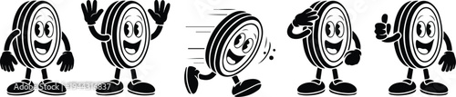 Vintage Rubber Tire Mascot Character in Classic Rubber Hose Cartoon Style Performing Running Saluting and Waving Actions
