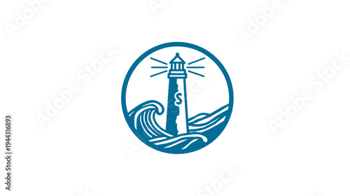 A blue lighthouse illustration, surrounded by waves, framed by a blue oval on a white background