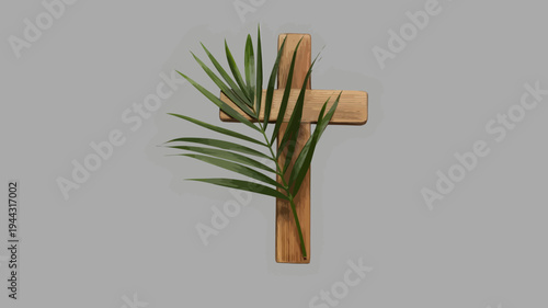 Palm tree branch with green leaves and brown trunk on gray background