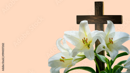 Easter lilies with cross on beige background