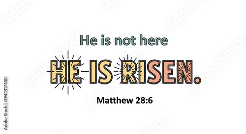A vibrant typographic illustration featuring the phrase 'He is risen' in a modern style, suitable for Easter themes