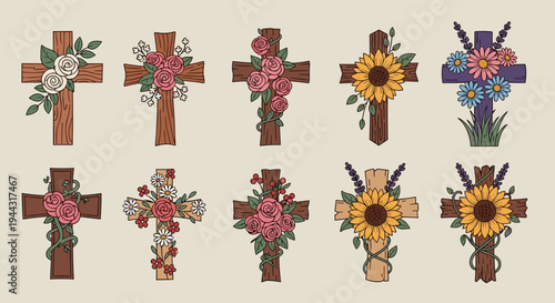 A collection of decorative crosses adorned with beautiful flowers, featuring a vibrant, illustrative style suitable for religious themes