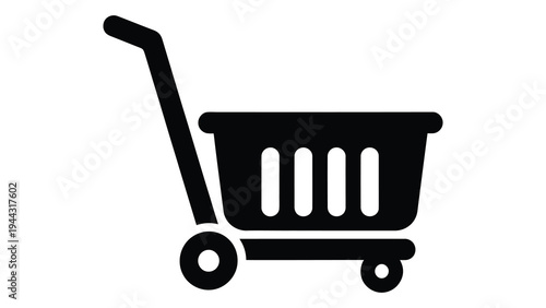 A black silhouette of a rolling laundry basket on a white background