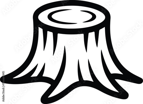 Tree Stump Outline Icon Wood Illustration, Simple black outline tree stump illustration showing cut trunk with rings and roots, representing logging, wood, nature, and forest themes.