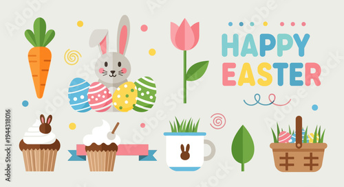 Happy Easter illustration: bunny, eggs, cupcakes, carrot, tulip, basket