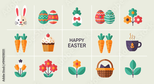 Happy Easter Icons Set: Bunny, Eggs, Carrots, Cupcake, Flowers, Basket, Hot Drink