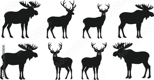 Collection of deer and moose silhouettes with antlers for wildlife nature conservation and hunting design assets