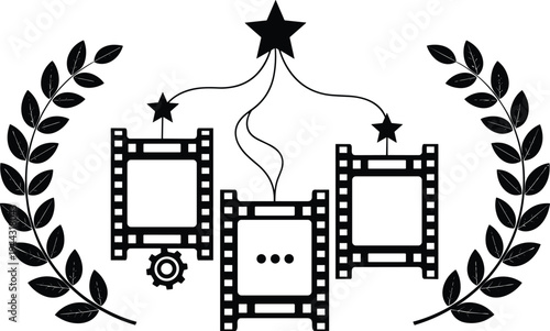 Creative film industry concept with movie strips, laurel wreaths, stars, and gear icon for digital cinema awards, production.