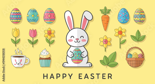 Happy Easter Bunny with Decorated Eggs, Flowers, Carrot, Coffee, Cupcake, and Basket