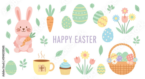 Happy Easter Bunny with Eggs, Carrots, Flowers, and Coffee Cup - Festive Spring Illustration