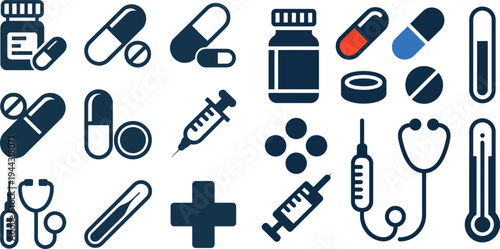 Healthcare icons: pills, syringes, stethoscope, thermometers, and iv bags, iv bag, first aid