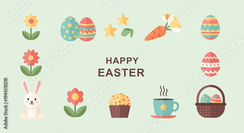 Happy Easter Celebration Elements: Bunny, Eggs, Flowers, Carrot, Cupcake, Coffee, Basket