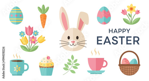 Happy Easter bunny, eggs, tulips, carrot, cupcake, coffee cup, basket, spring celebration